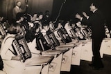 Black and white image of accordion school concert