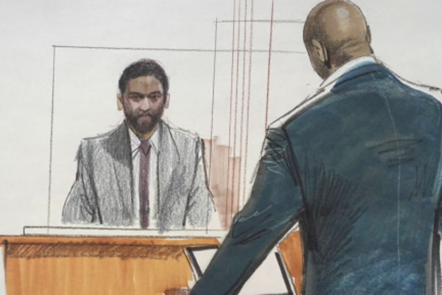 Courtroom drawing of a bearded, black man in the dock, with a tall, bald, black man facing him