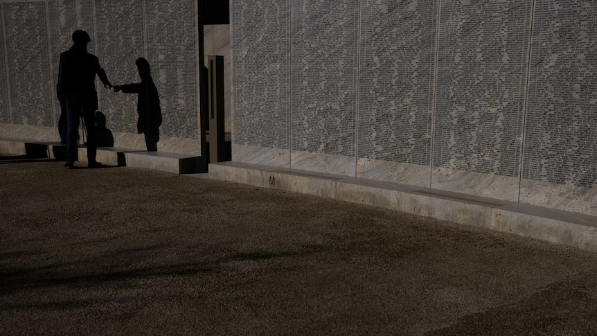 A person points to a wall, their shadow seen in front of them