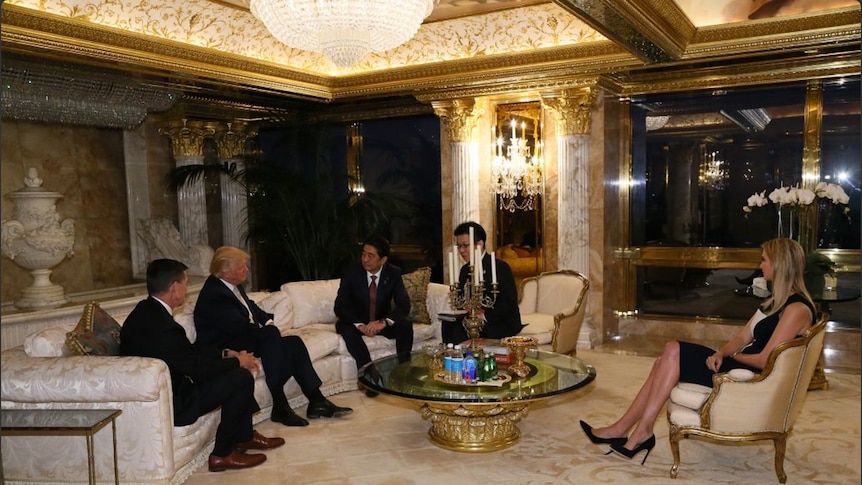 President-elect Donald Trump and his daughter Ivanka Trump meet with Japanese Prime Minister Shinzo Abe in Trump Tower.
