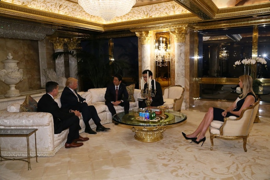 President-elect Donald Trump and his daughter Ivanka Trump meet with Japanese Prime Minister Shinzo Abe in Trump Tower.