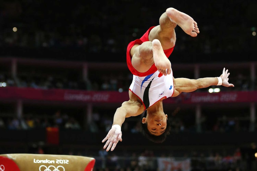 Yang Hak Seon of South Korea competes in the men's gymnastics vault final