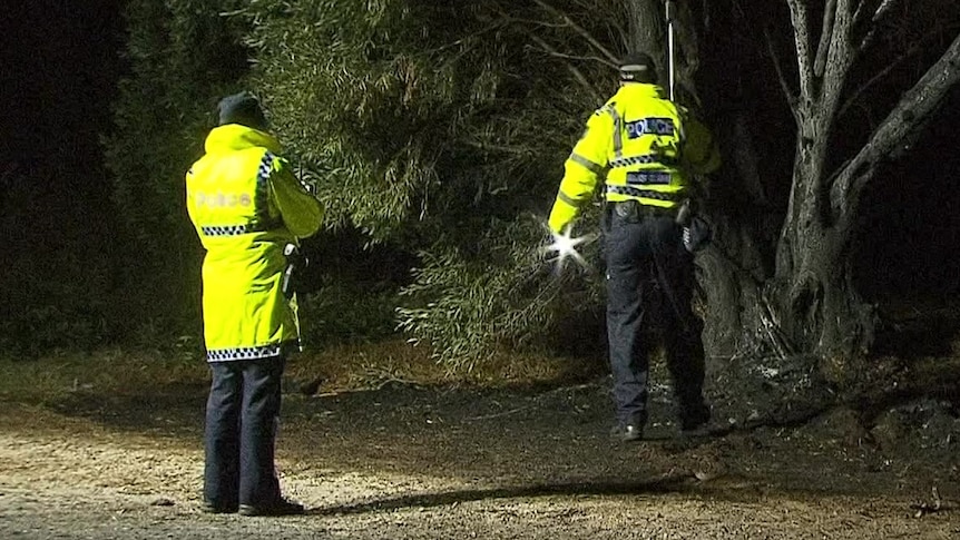 Two police officers wearing yellow high vis jackets, dark pants and hats stand near a tree at night. One has a torch