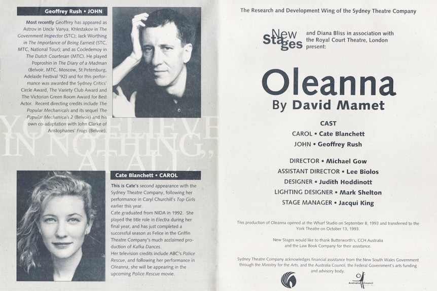 A theatre program of Oleanna by David Mamet, including portraits and profiles of a young Geoffrey Rush and Cate Blanchett