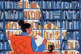 An illustration of a woman reading a book and her shadow is cast on a bookshelf in the background
