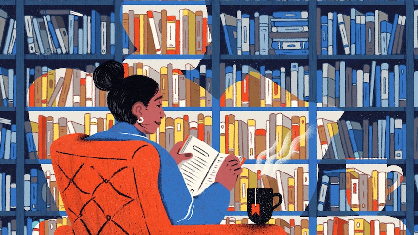 An illustration of a woman reading a book and her shadow is cast on a bookshelf in the background