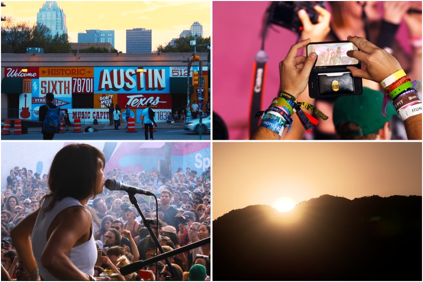 Composite image of a street scene, mountain at sunset and and band playing in front of a crowd.