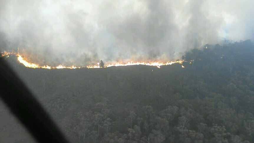 An aerial shot showing fires burning in bushland in East Gippsland.