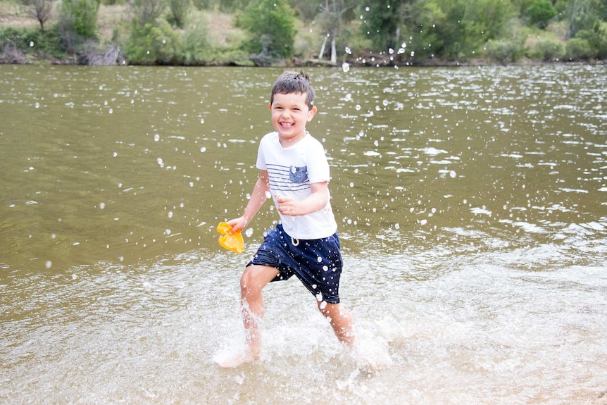 Five-year-old Jersey enjoys a splash at Kambah Pool
