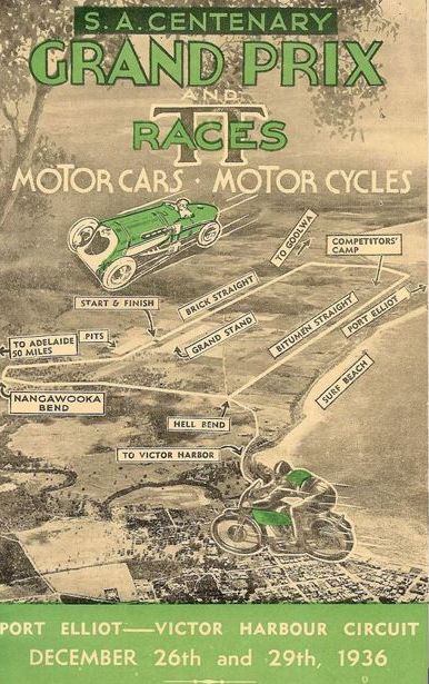 A 1936 poster advertising the Grand Prix that showed a map of the track and a picture of a car and a motorbike
