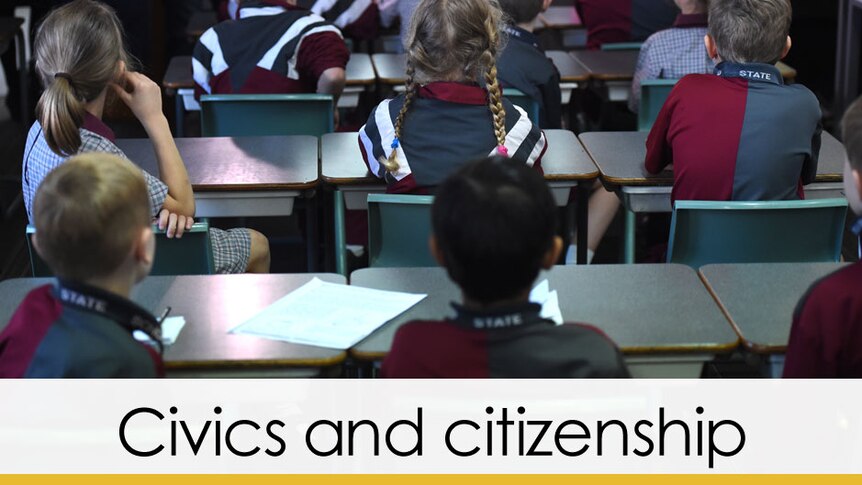 school children desks not identified yellow bar NAPLAN civics and citizenship fact file