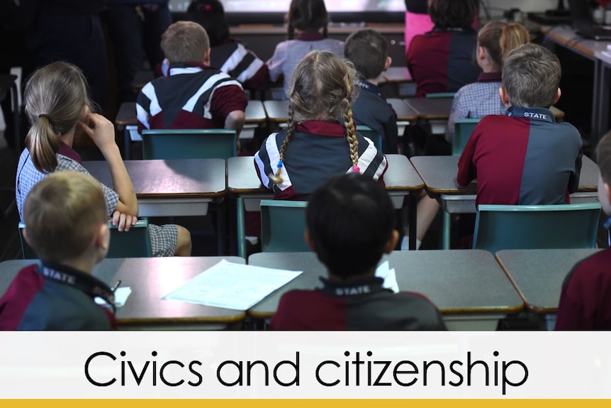 school children desks not identified yellow bar NAPLAN civics and citizenship fact file