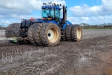 A tractor sits idle on an unsown paddock.