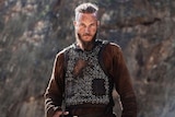 Australian actor Travis Fimmel in costume on the set  of the TV show Vikings