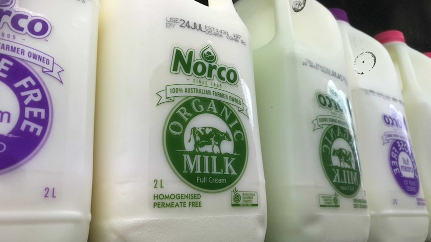 Organic milk supermarket shelves