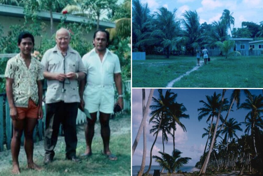 A composite image showing three men and some tropical scenes.