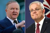 Side by side photos of Anthony Albanese at a microphone and Scott Morrison in front of an Australian flag