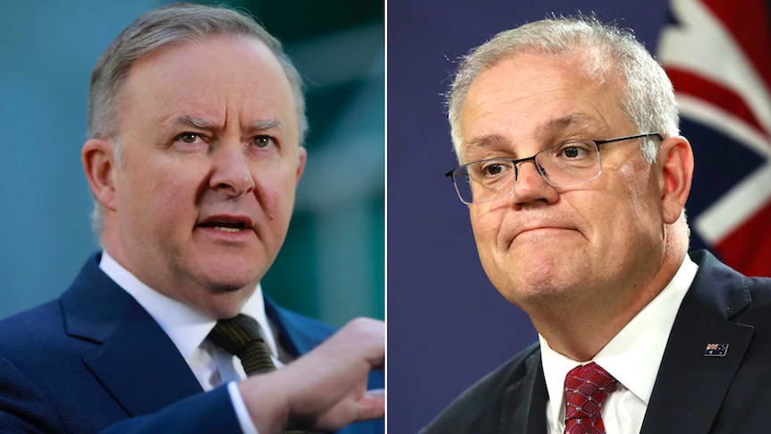 Side by side photos of Anthony Albanese at a microphone and Scott Morrison in front of an Australian flag