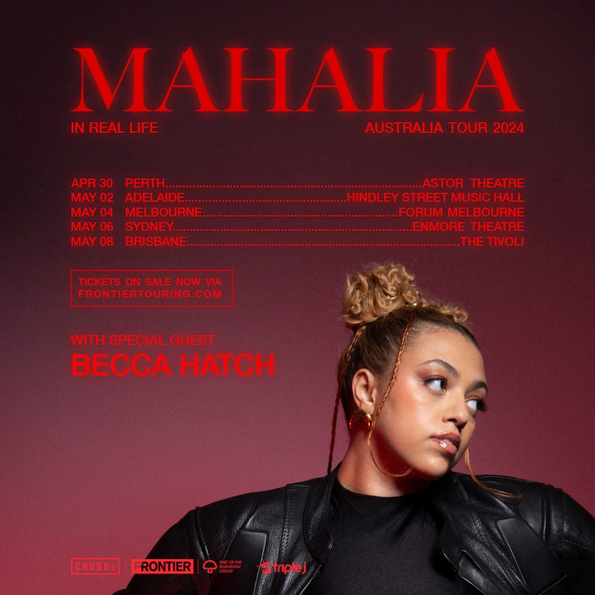 Poster for Mahalia's Australian tour with a photo of Mahalia and red text detailing the tour