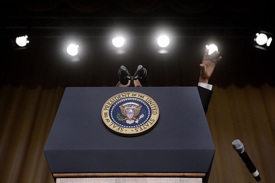 US President Barack Obama drops the microphone.