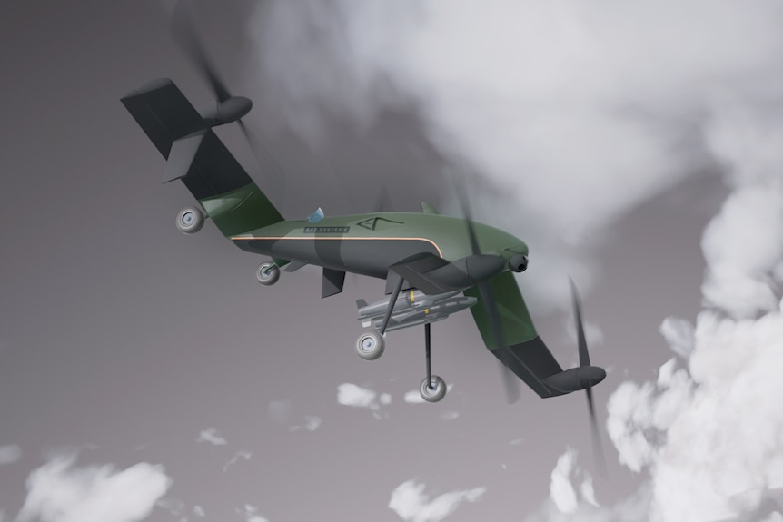 A computer generated image of a khaki green drone on in the sky which is grey.