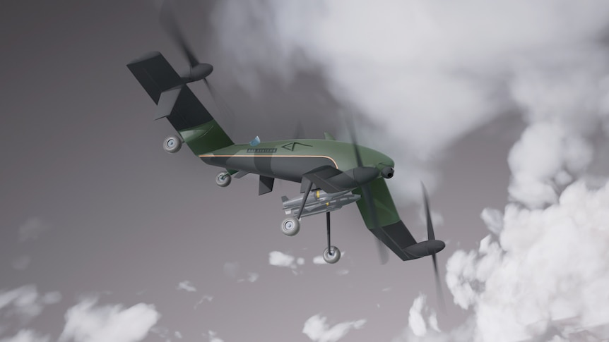A computer generated image of a khaki green drone on in the sky which is grey.