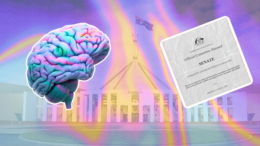 A colourful brain illustration imposed over parliament house. 