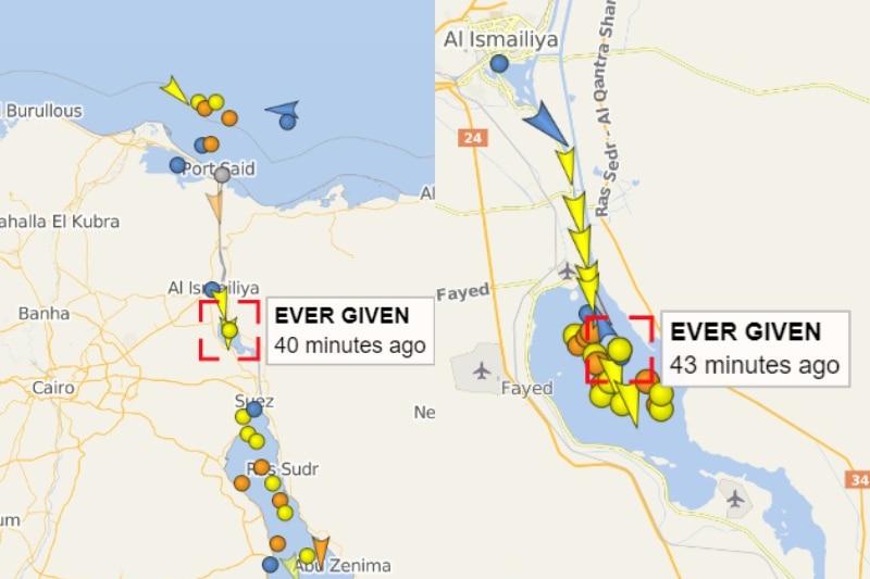 Two maps show the location of the Ever Given in the Great Bitter Lake in the Suez Canal