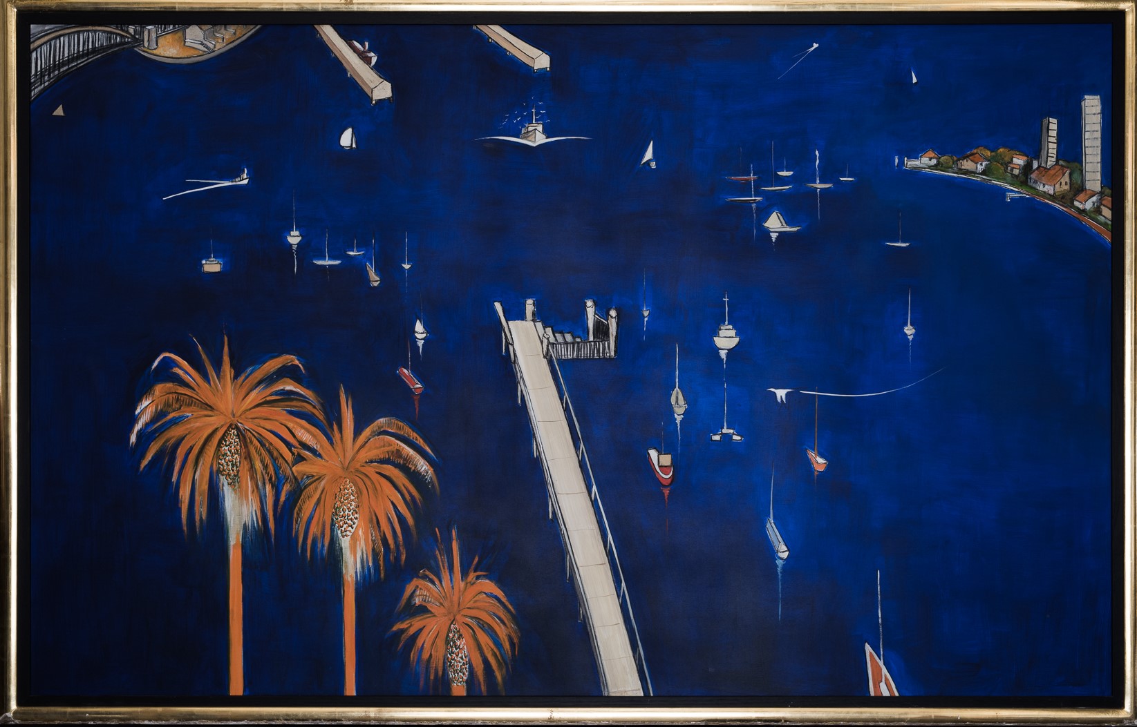 A painting of a harbour with dark blue water, bright orange palm trees dand a jetty at the bottom, boats on the water