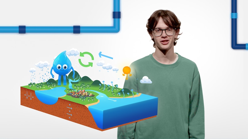 A teenage boy in glasses stands beside a hovering 3D digital image of the water cycle and an anthropomorphic water drop.