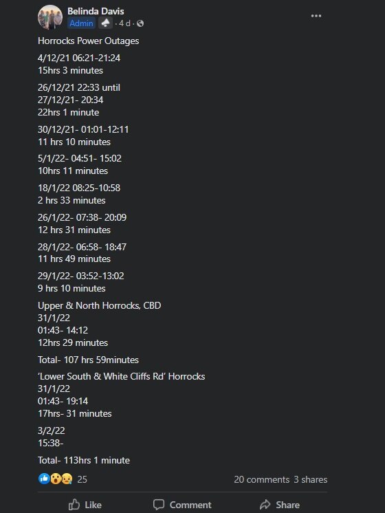 A Facebook post listing the length of power outages in a WA town since December 4.