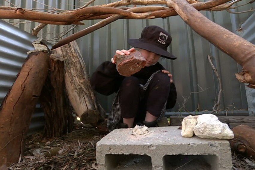 An unidentified child plays at North Fremantle Primary School in a nature playground.