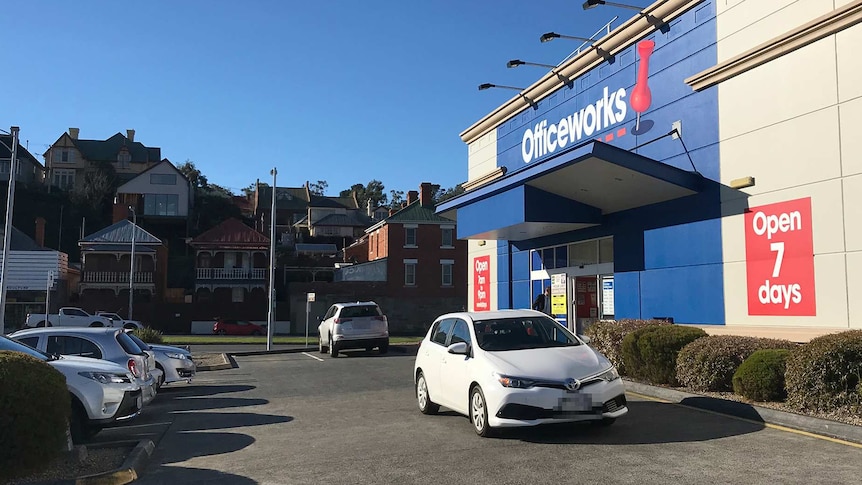 Exterior of Officeworks store, corner Brooker Avenue and Brisbane Street, Hobart.