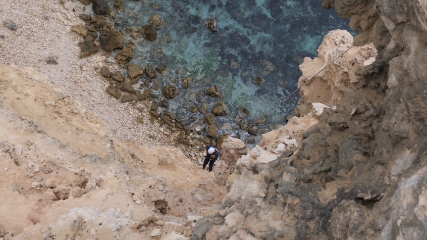 A person abseiling down a cliff is viewed from above.