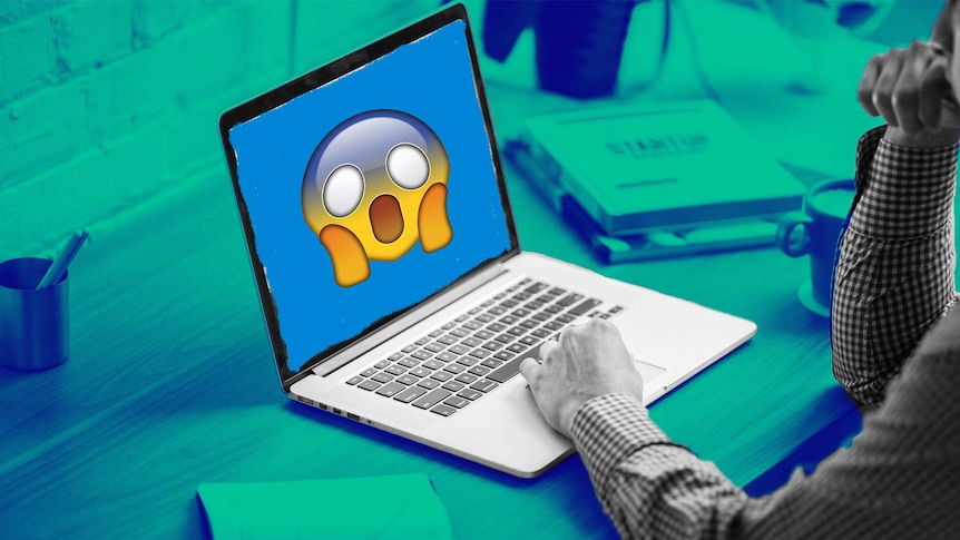 An illustration of a laptop displaying a shocked emoji to depict the stress of being a workaholic.
