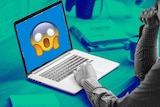An illustration of a laptop displaying a shocked emoji to depict the stress of being a workaholic.