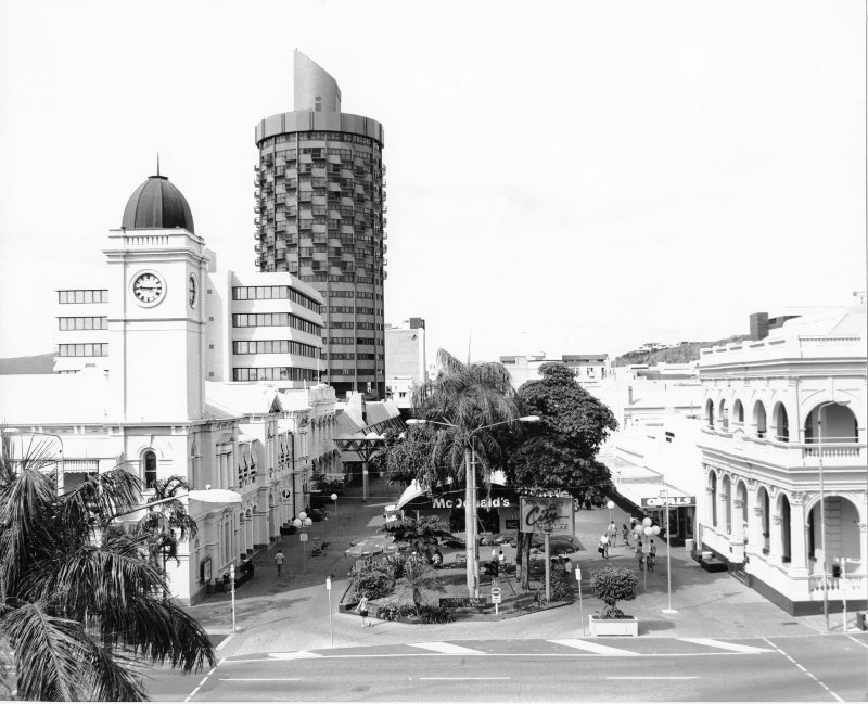 A black and white photo of Townsville's Flinders Street Mall. 