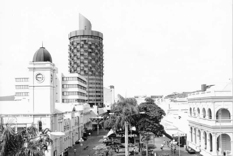A black and white photo of Townsville's Flinders Street Mall. 