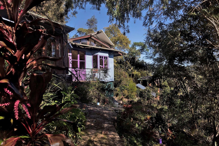 A pale-blue house with purple window frames sits in a bush setting beneath blues skies.