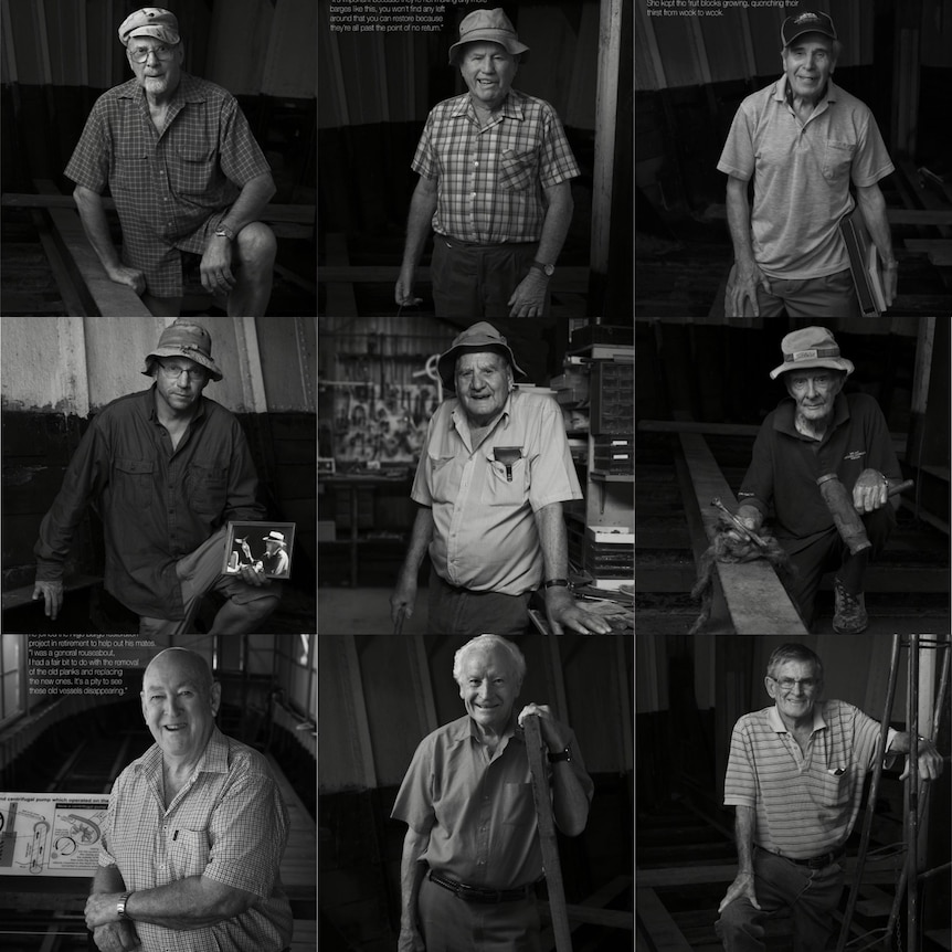 Black and white composite of nine men posing in shed.