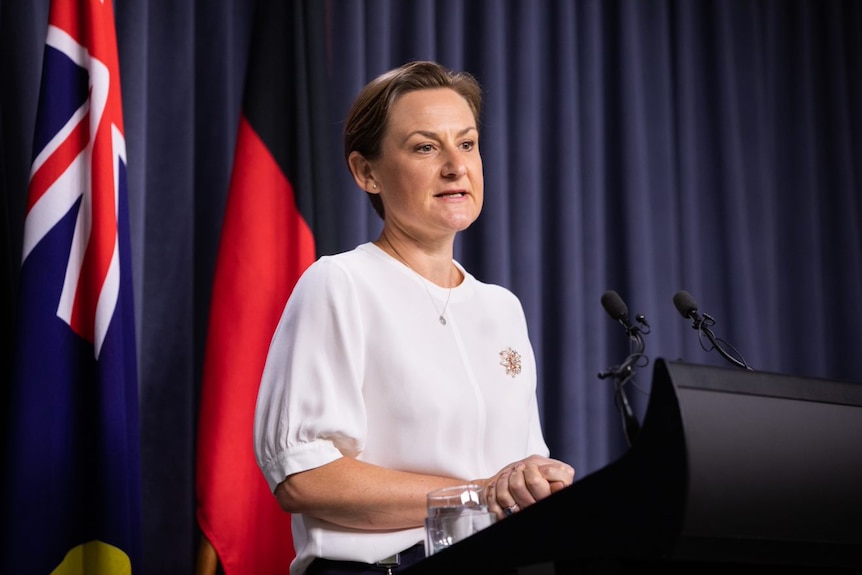 WA Health Minister Amber Jade Sanderson stands at a lectern