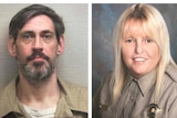Two images side by side: Mr White's prison mug shot and Ms White's professional headshot in uniform