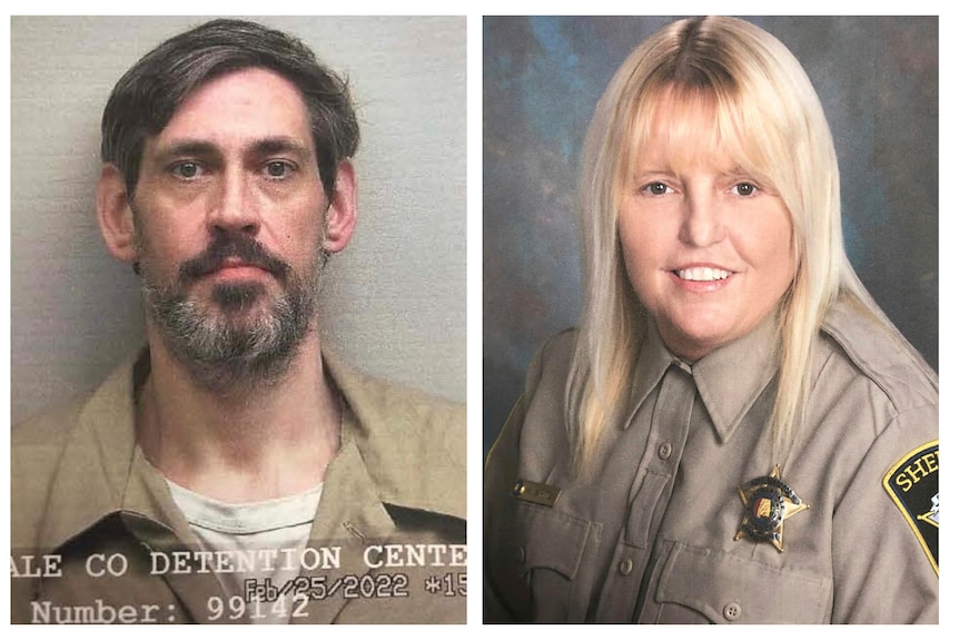 Deux images côte à côte: la photo d'identité de la prison de M. White et la photo professionnelle de Mme White en uniforme