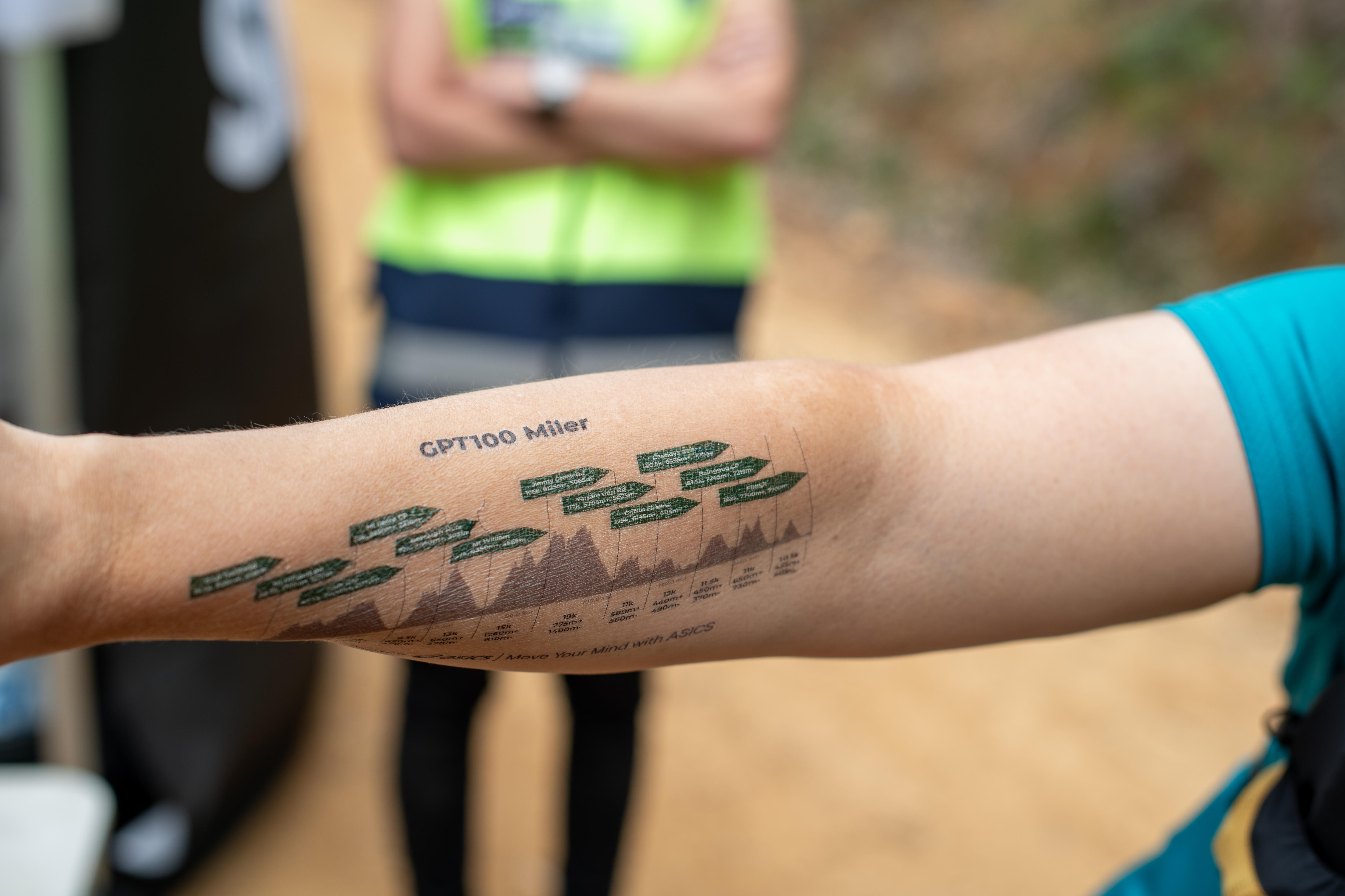 A temporary tattoo on a person's arm of the GPT 100 race track