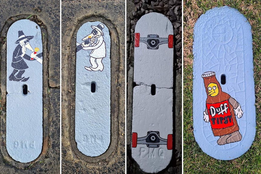 Four of Lincoln Roberts's artworks, on pit covers in Portland, in 2020