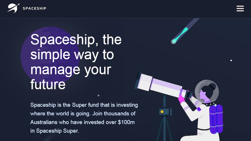 A screenshot of the Spaceship website homepage, featuring a cartoon of a female astronaut