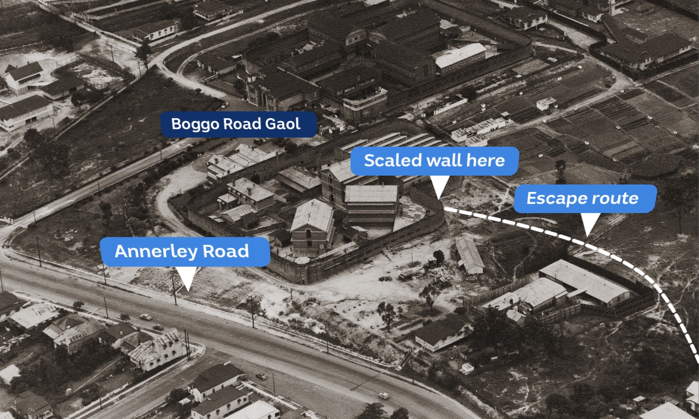 An aerial view of Boggo Road Gaol labelled with details of an escape.