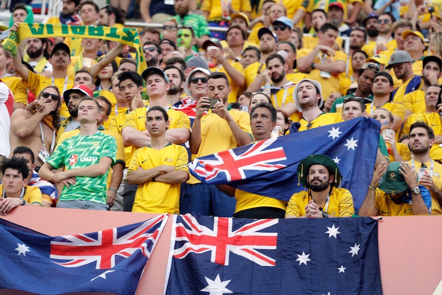 Australian supporters react during the group C match between Australia and Peru at the World Cup.