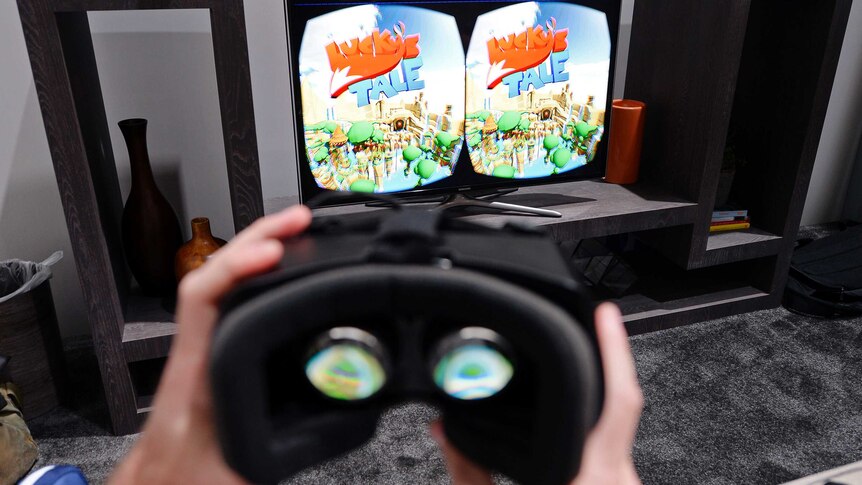 A virtual reality game is shown running on the Oculus Rift headset and mirrored on a TV.