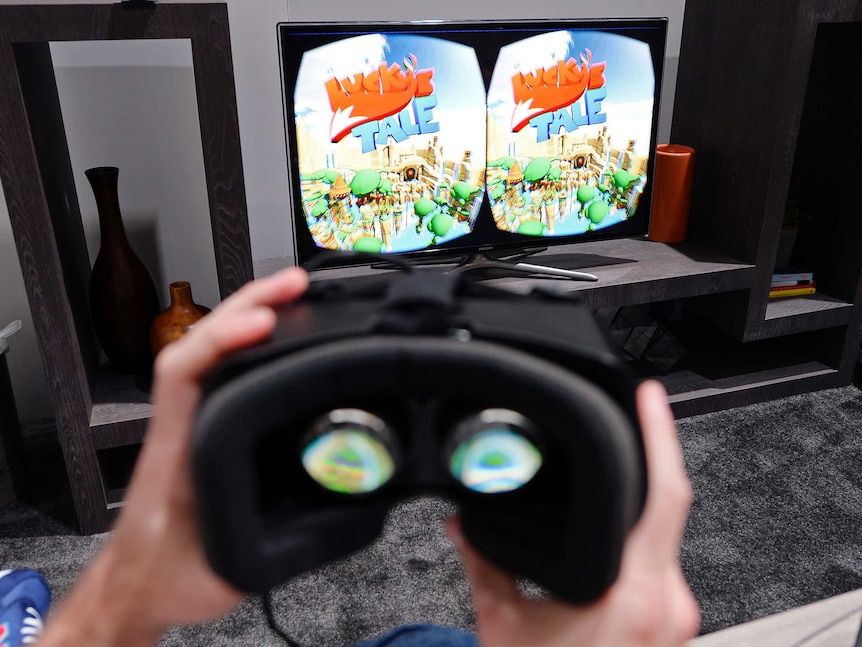 A virtual reality game is shown running on the Oculus Rift headset and mirrored on a TV.